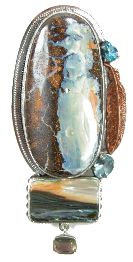 Boulder Opal Blue Topaz Sterling Silver Pin Pendant