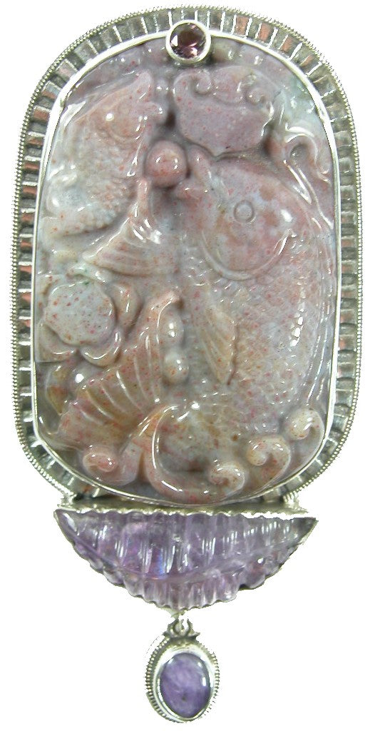 Hand Carved Sugilite Amethyst Sterling Silver Pin Pendant