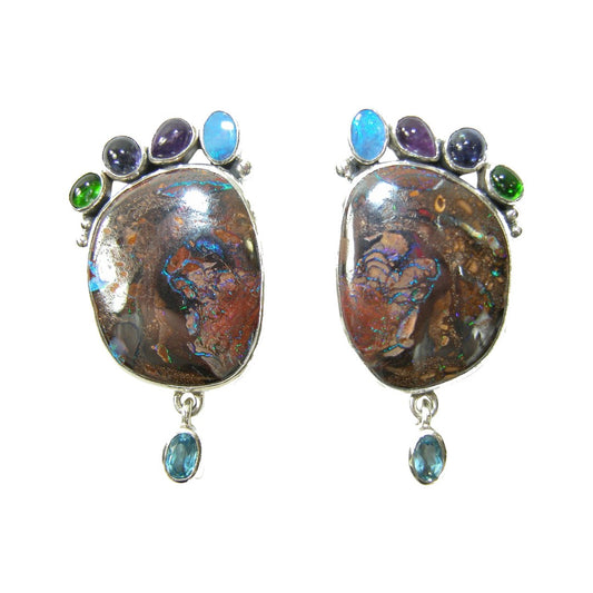 29460A Amethyst, Blue Topaz, Boulder Opal, Chrome Diopside Sterling Silver Earrings