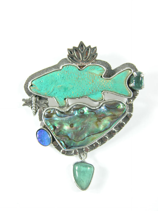 29461 Blue Topaz, Abalone, Apatite, Boulder Opal Fish Sterling Silver Pin and Pendant