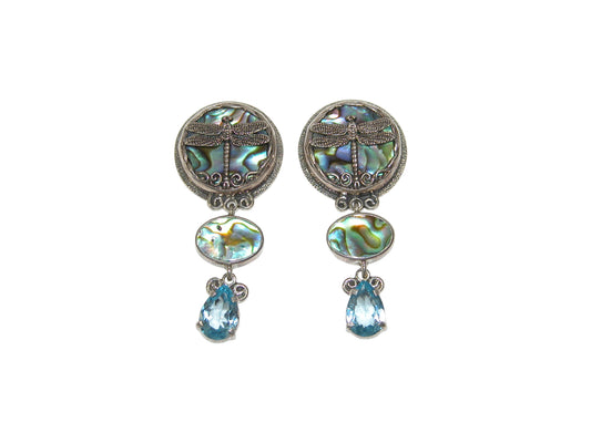 29466 Dragonfly, Abalone, Blue Topaz, Sterling Silver Earrings
