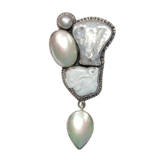 29469A Freshwater Pearl, Mabe Shell Carved Elephant Sterling Silver Pin and Pendant