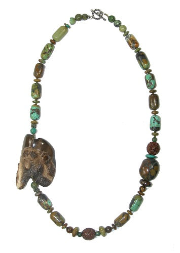 Carved Bear Turquoise Beaded Long Toggle Necklace