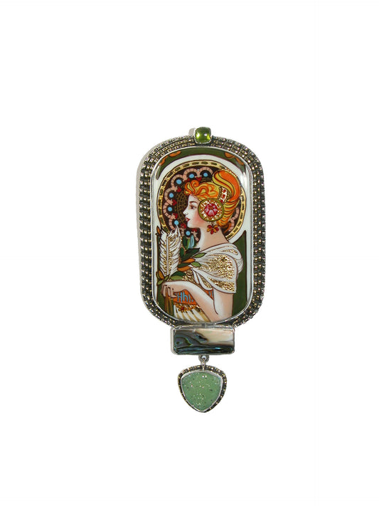 Hand Painted Miniature Brazilian Agate Drusy Abalone Sterling Silver Pin Pendant