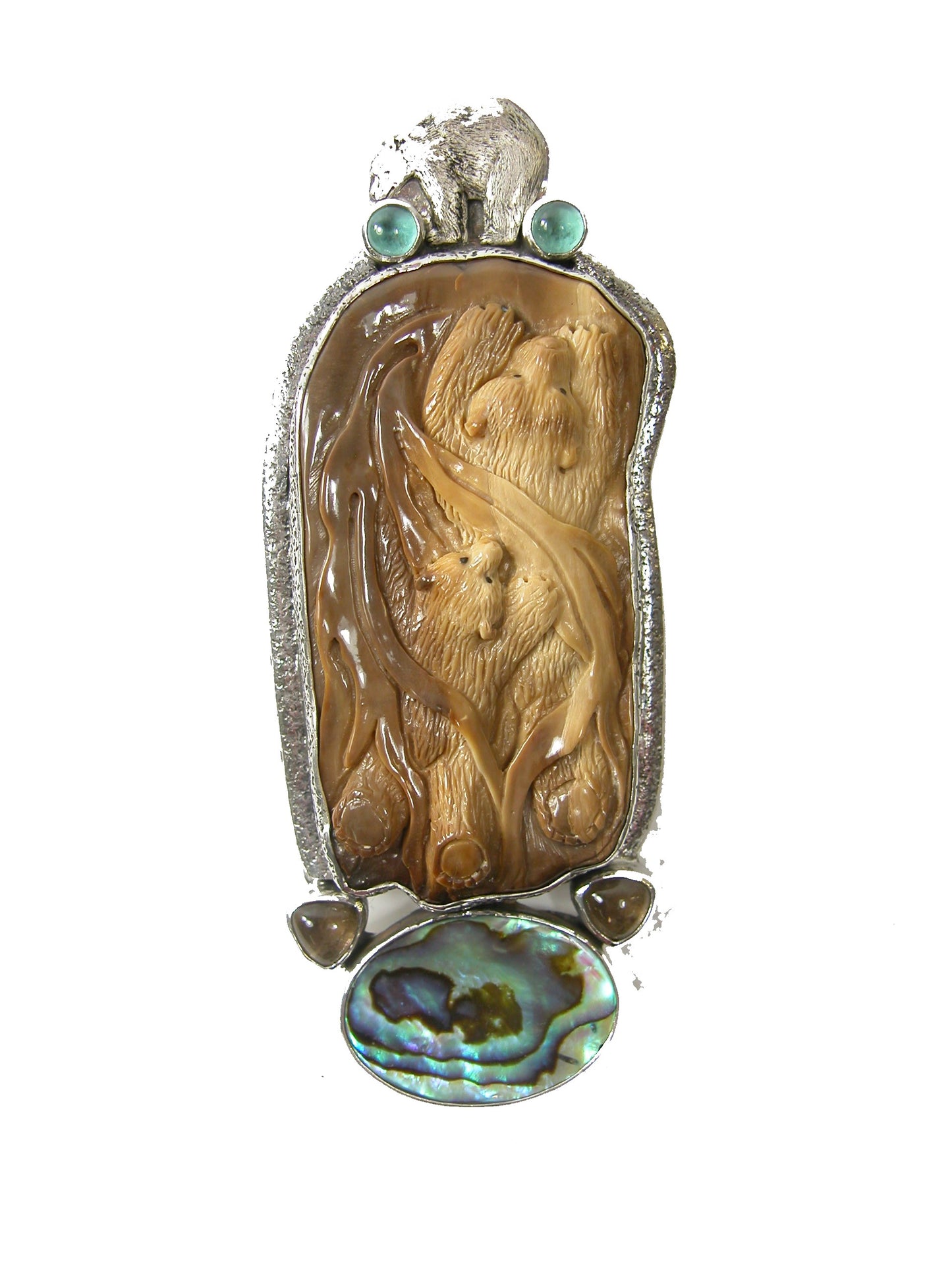 Hand Carved Fossil Ivory Bear Apatite Abalone Sterling Silver Pin Pendant