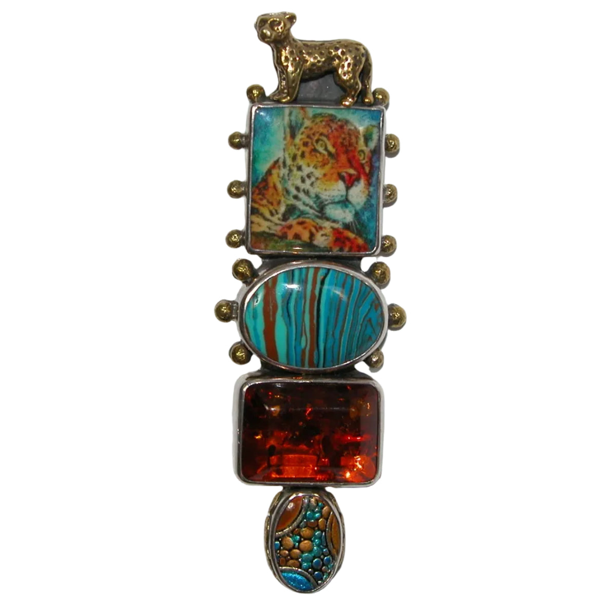 29534B Handmade Tile Amber Enamel Sterling Silver Pin Pendant