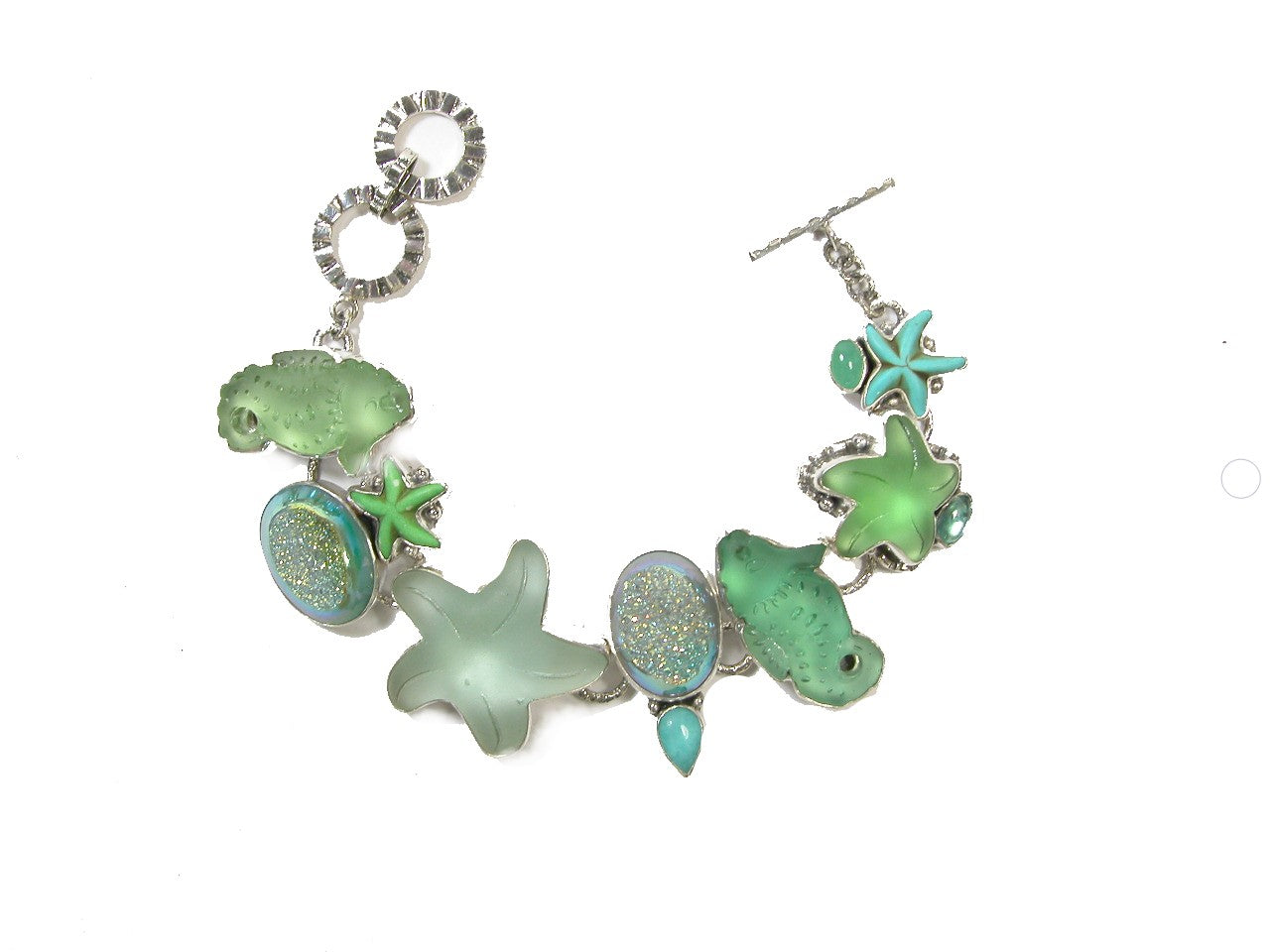 Green Carved Glass Sea Life Drusy Turquoise Sterling Silver Bracelet