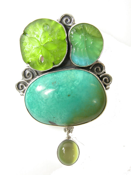 Carved Glass Turquoise Moonstone Sterling Silver Pin Pendant