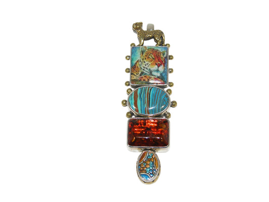 Fordite, Baltic Amber, Handmade Tile Cheetah Sterling Silver Pin Pendant