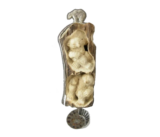 Hand Carved Bear Naturally Shed Deer Antler Ammonite Sterling Silver Pin Pendant
