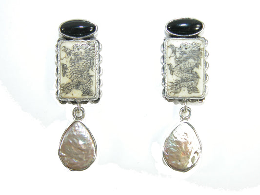 Black Onyx Freshwater Pearl Etched Bone Sterling Silver Earring