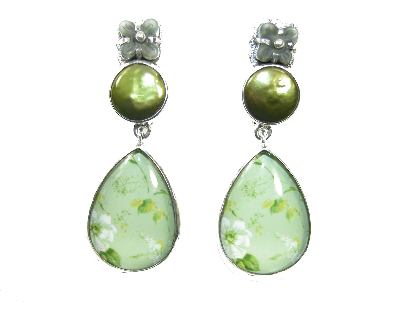 29556 Freshwater Pearl, Quartz and Glass Floral Sterling Silver Dangle Earrings