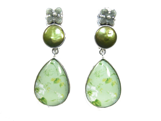 29556 Freshwater Pearl, Quartz and Glass Floral Sterling Silver Dangle Earrings