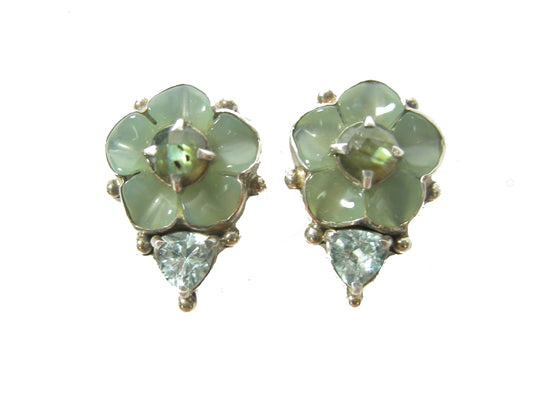 Carved Jade Flower Labradorite Blue Topaz Sterling Silver Earring