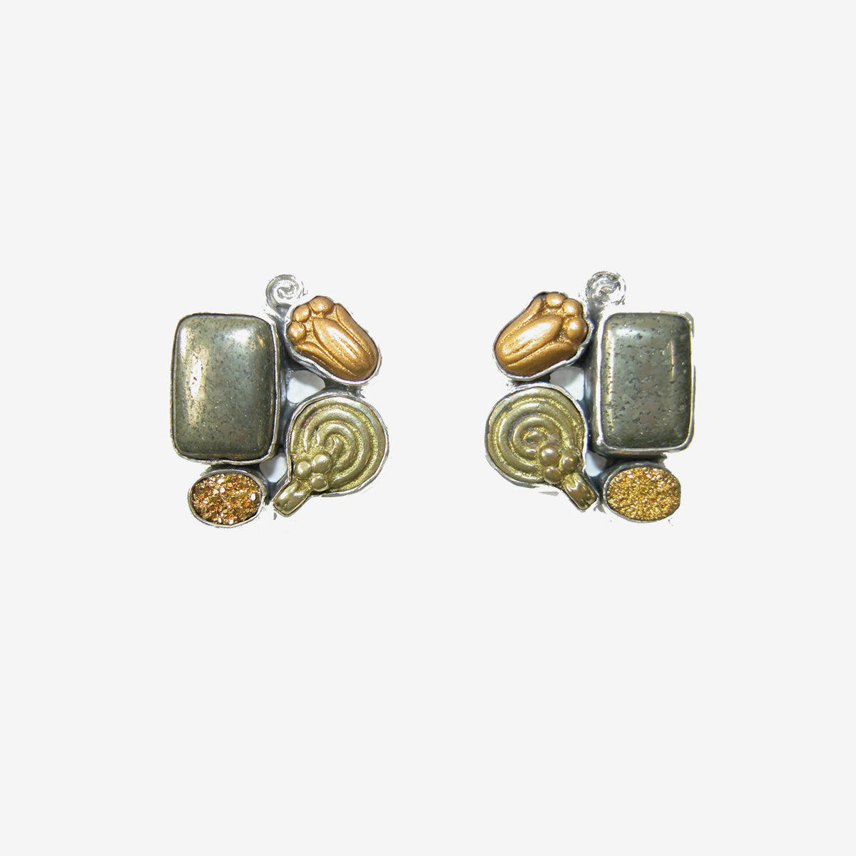 29591 Pyrite, Gold Clad Agate Druzy, Czech Glass Sterling Silver Earrings