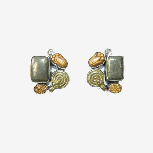 29591 Pyrite, Gold Clad Agate Druzy, Czech Glass Sterling Silver Earrings