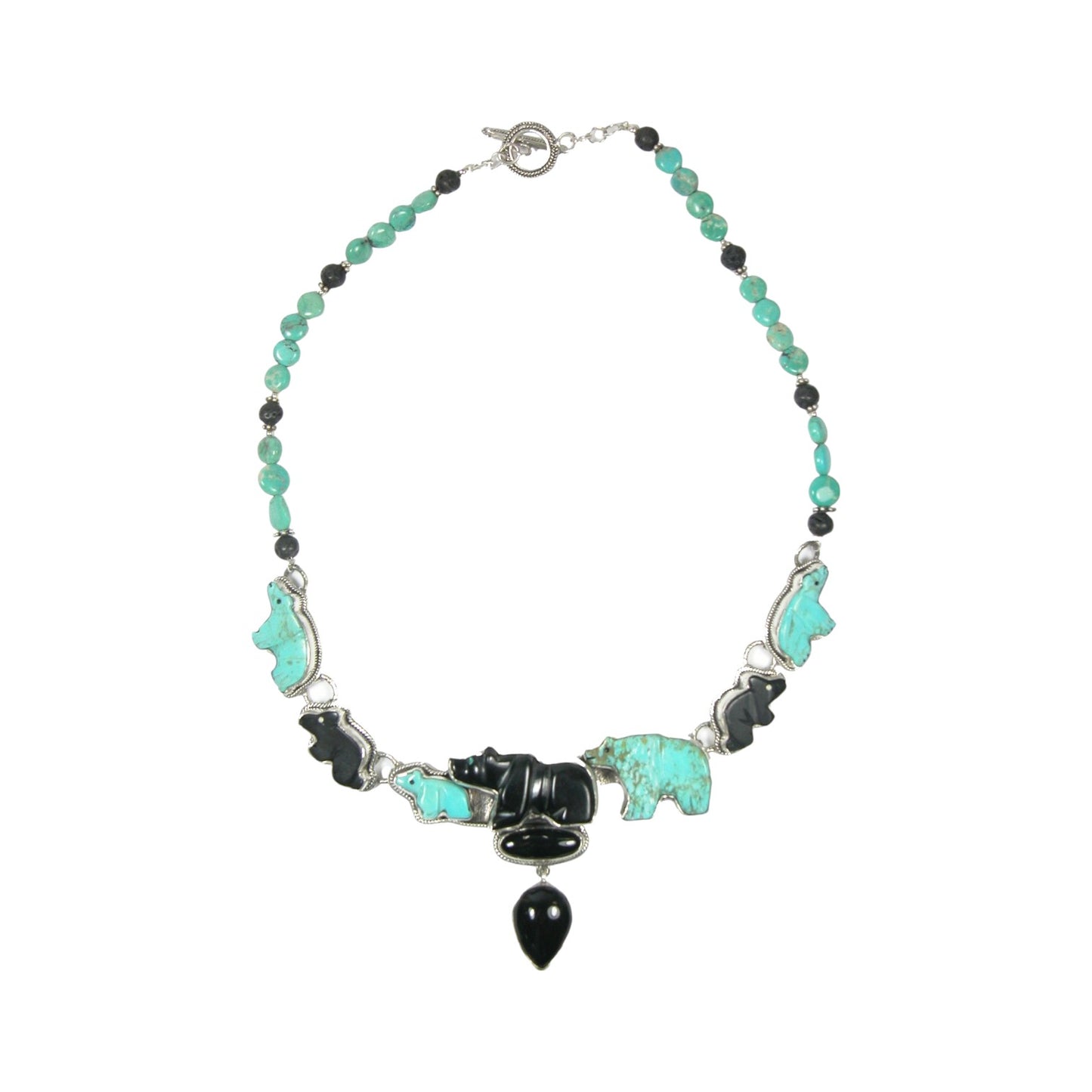 29604 Carved Turquoise, Black Onyx Bear Family Beaded Sterling Silver Necklace