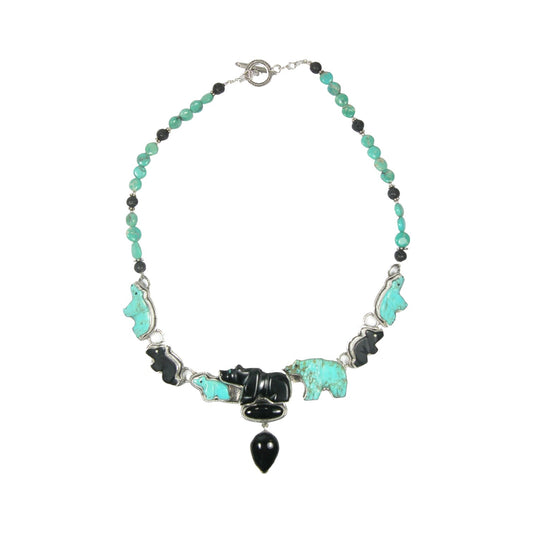 Carved Turquoise, Black Onyx Bear Family Beaded Sterling Silver Necklace