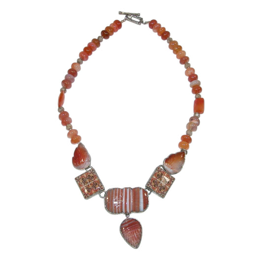 29608 Large Carved Carnelian Beaded Sterling Silver Necklace