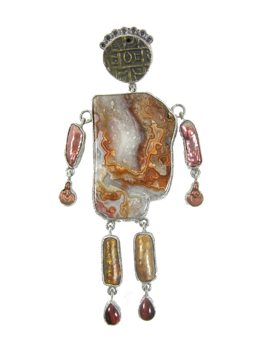 29614 Agate Slice Freshwater Pearl Jointed Sterling Silver Man Pendant