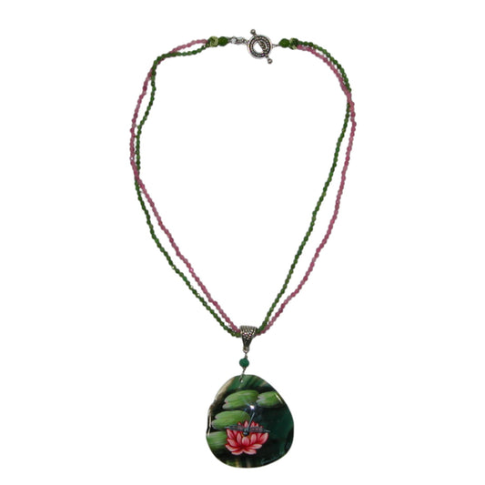Hand Painted Lotus Two Strand Rhodochrosite, Chrome Diopside Beaded Sterling Silver Necklace
