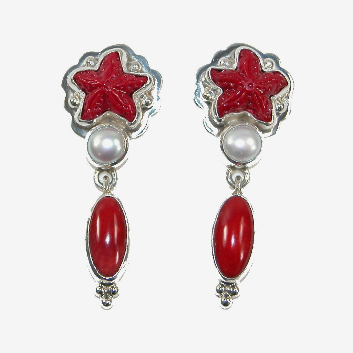 29664 Freshwater Pearl Coral Star Fish Sterling Silver Earrings