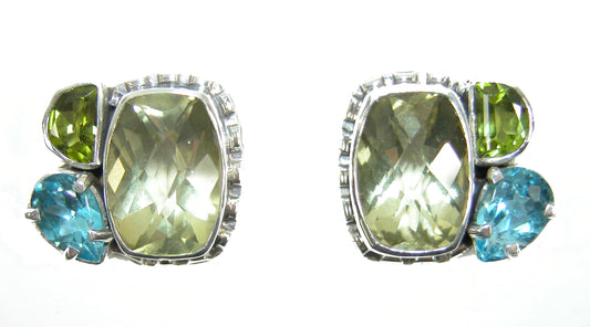29709 Lemon Quartz Blue Topaz Peridot Cluster Sterling Silver EarringS