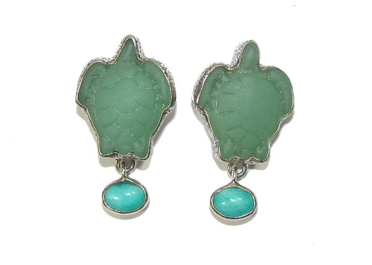 29711 Carved Turtle Turquoise Sterling Silver Dangle Earrings