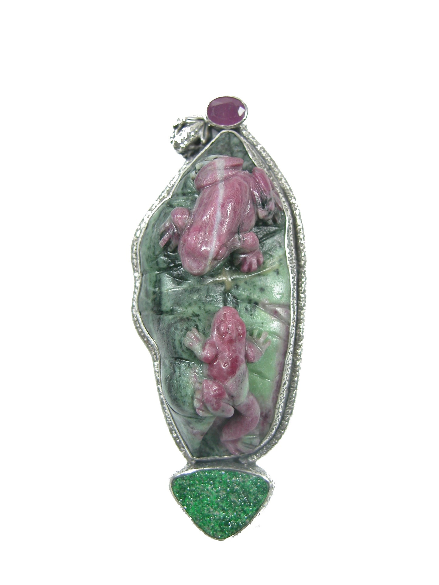 Carved Natural Ruby in Zoisite Uvarovite Pin Pendant
