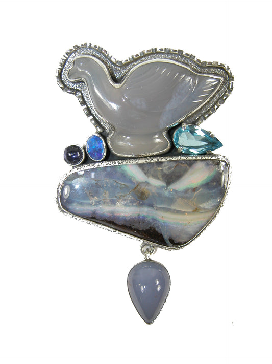 29727 Boulder Opal, Chalcedony Animal Sterling Silver Pin and Pendant