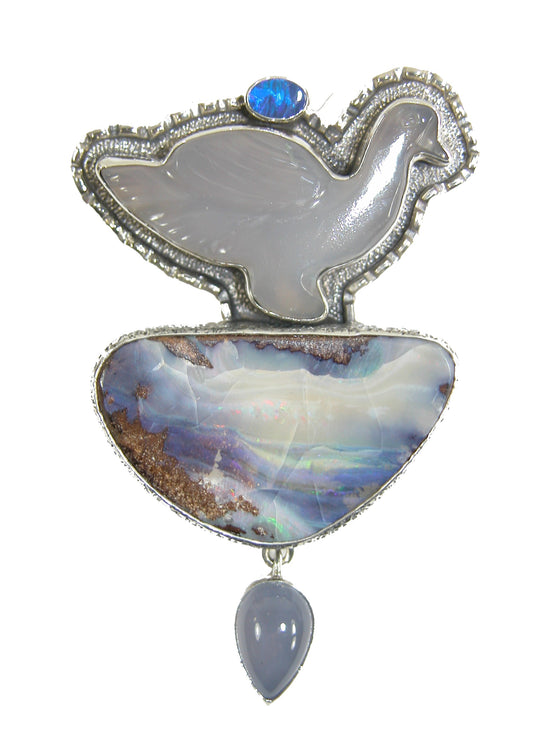 Boulder Opal Agate Duck Sterling Silver Pin Pendant