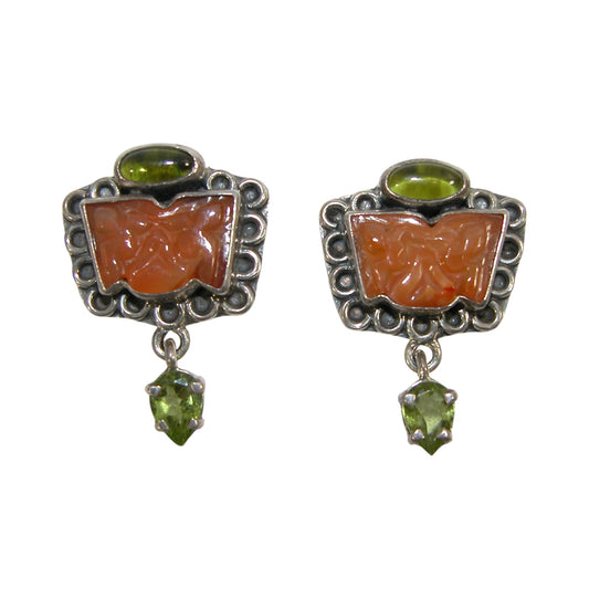 29732A Carved Carnelian, Peridot, Sterling Silver Earrings
