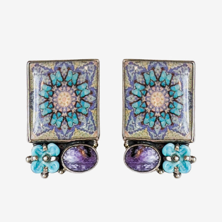 29773A Handmade Tile, Czech Glass Flower, Charoite Earrings