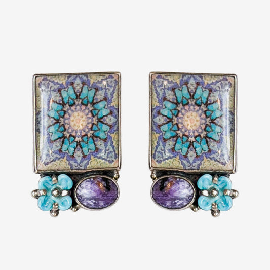29773A Handmade Tile, Czech Glass Flower, Charoite Earrings