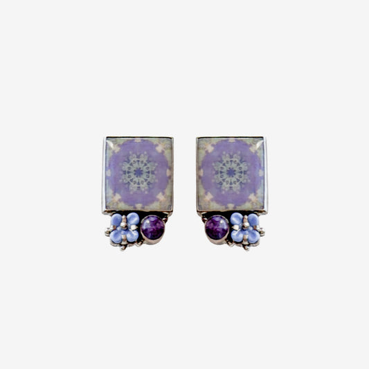29773B  Handmade Tile, Czech Glass Flower, Charoite Earrings