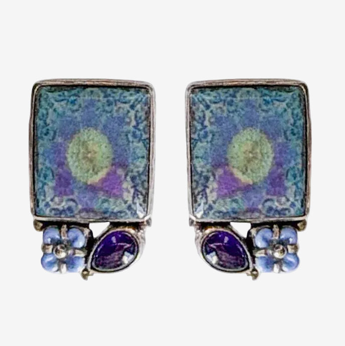 29773D Handmade Tile, Czech Glass Flower, Amethyst Earrings