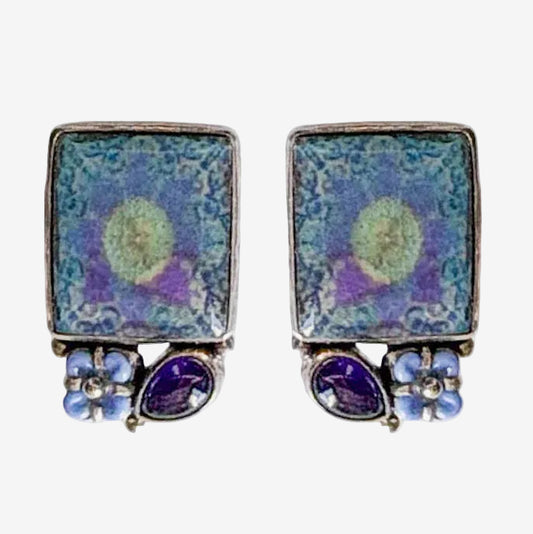 29773D Handmade Tile, Czech Glass Flower, Amethyst Earrings