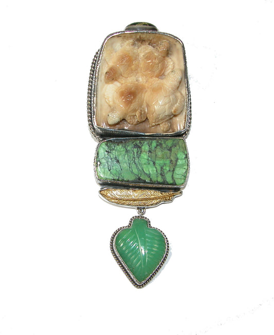Turtles on Hand Carved Bone with Turquoise Pin Pendant