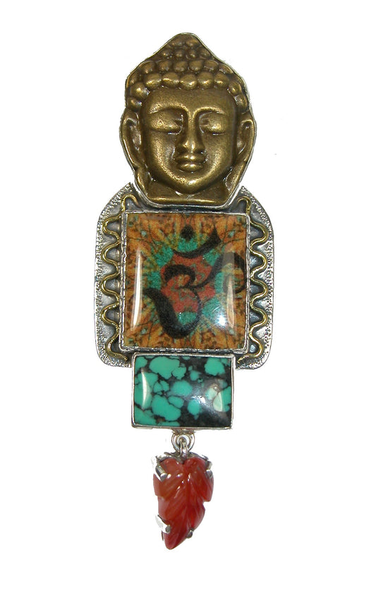 29806 Hand Painted Ohm Tile Turquoise Carnelian Buddha Sterling Silver Pin Pendant