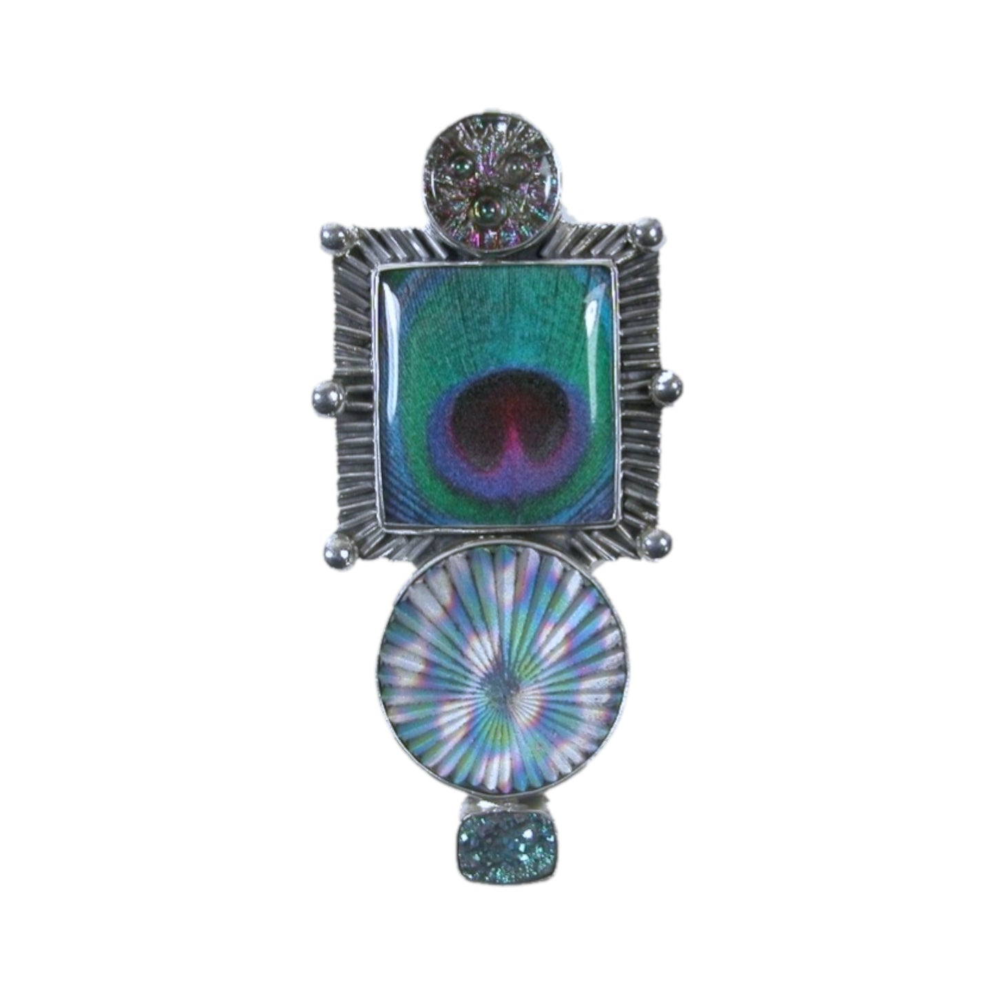 29809A Hand Made Peacock Tile, Druzy Sterling Silver Pin and Pendant