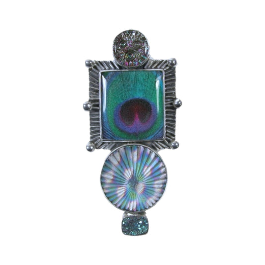 29809A Hand Made Peacock Tile, Druzy Sterling Silver Pin and Pendant