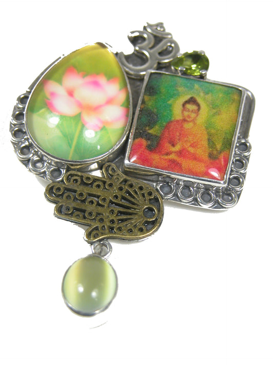 29810 Buddha Tile Moon Stone Peridot Sterling Silver Pin Pendant