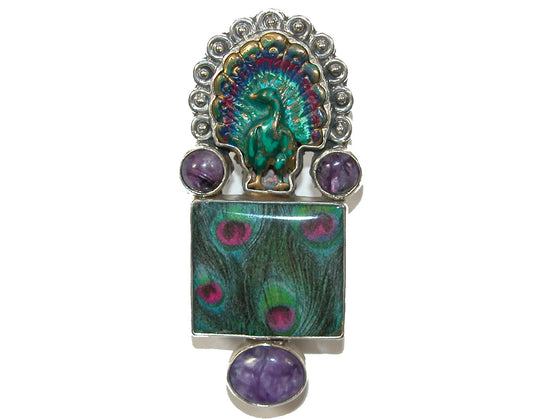 29811A Hand Enameled Peacock Sterling Silver Pin and Pendant