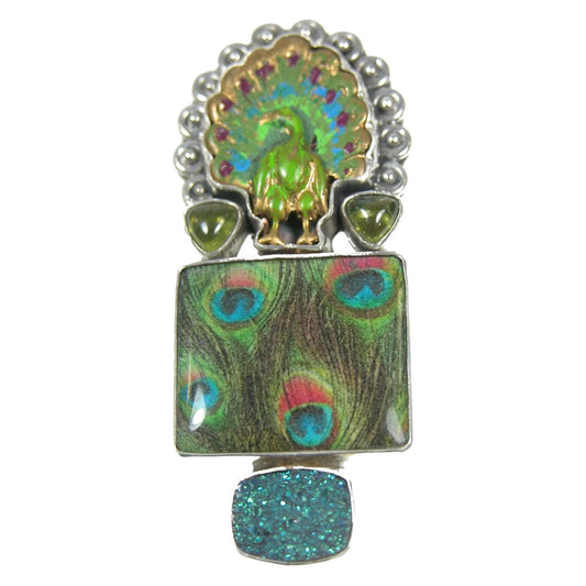 29811 Hand Enameled Peacock Sterling Silver Pin and Pendant