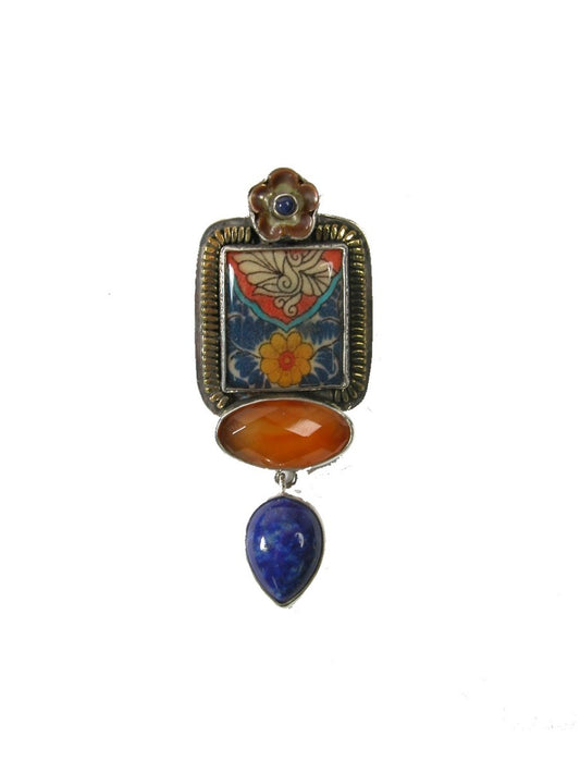 Handmade Tile Carnelian and Lapis on Sterling Silver Pin Pendant