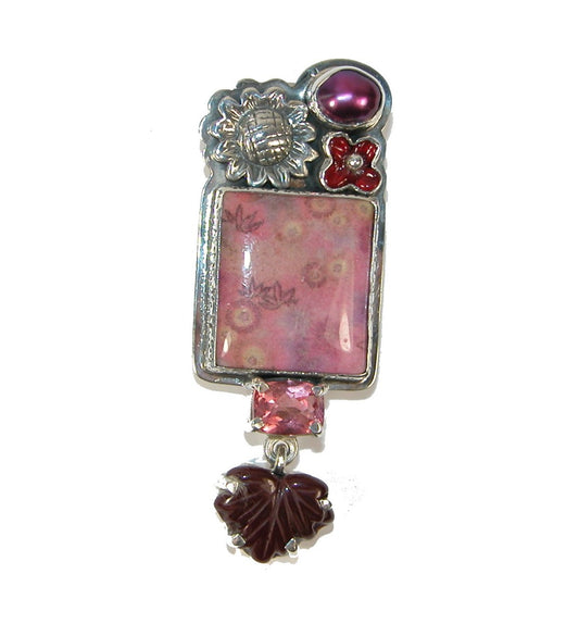 29816 Handmade Flower Tile With a Carved Czech Glass Leaf Pin and Pendant