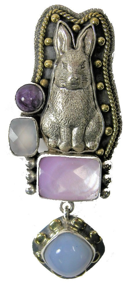 Chalcedony Purple Jasper Quartz Bunny Sterling Silver Pin Pendant