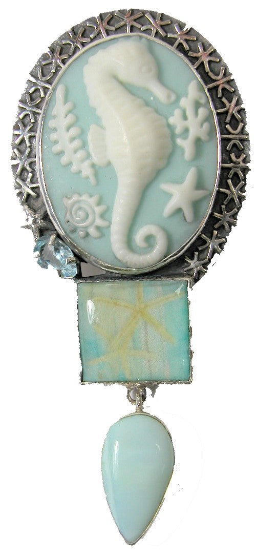 Aquamarine Handmade Tile Seahorse Sterling Silver Pin Pendant
