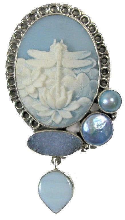 Carved Dragonfly Freshwater Pearl Drusy Aquamarine Sterling Silver Pin Pendant