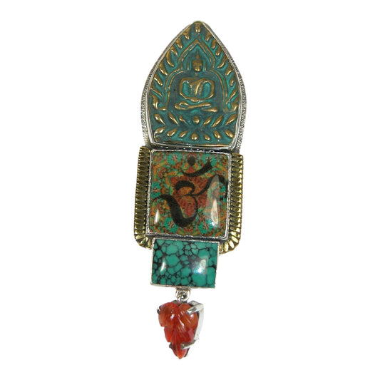 29822 Handmade Tile Turquoise Carnelian Sterling Silver Pin and Pendant